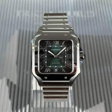 Pre-owned certified Cartier Santos L Green dial reference WSSA0062 from 2025 in Geneva - Certified pre-owned - Minty Watches