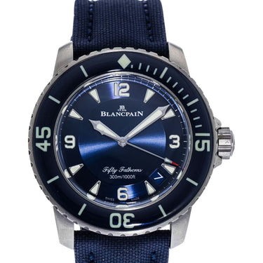 Pre-owned Blancpain Fifty Fathoms 45 mm Titanium Blue Dial Automatic reference 5015-12B40-O52A in Geneva - Certified pre-owned - Minty Watches
