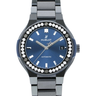 Pre-owned Hublot Classic Fusion Blue Ceramic Diamond Bezel 38mm ref 568.CM.7170.CM.1204 in Geneva - Certified pre-owned - Minty Watches