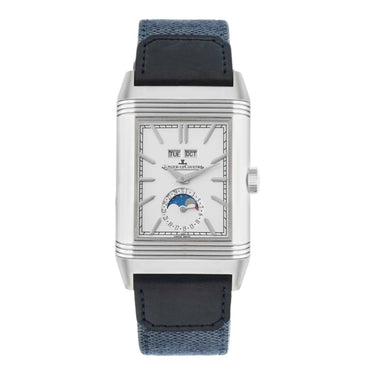 Pre-owned Jaeger-Lecoultre Reverso Tribute Duoface Calendar 49,4x29,9mm Silver/Blue Dial Manual Wind ref Q3918420 in Geneva - Certified pre-owned - Minty Watches