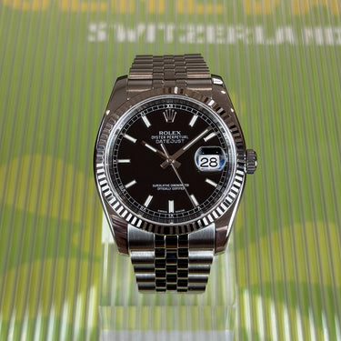 certified pre-owned Rolex Datejust black dial "Roulette" 36mm on jubilee reference 116234 from 2011 in Geneva - Certified pre-owned - Minty Watches