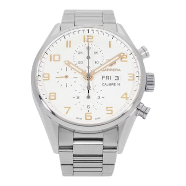 Pre-owned TAG Heuer Carrera Calibre 16 Day-Date Chronograph 43mm White Dial ref CV2A1AC.BA0738 in Geneva - Certified pre-owned - Minty Watches