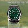 Pre-owned certified Rolex Oyster Perpetual with green dial in 41mm reference 124300 from 2023 in Geneva - Certified pre-owned - Minty Watches